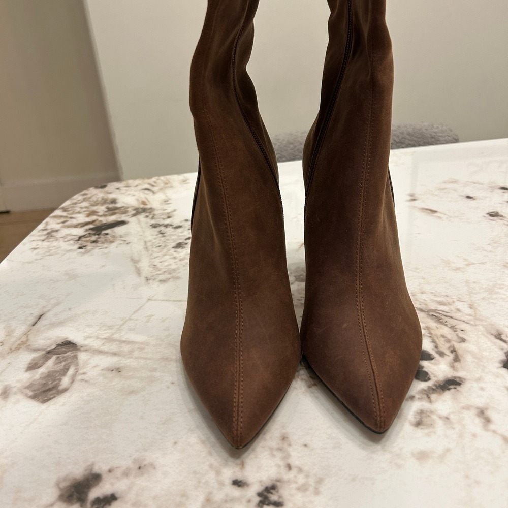 NY Collection Brown Suede Pointed Toe Knee High Stiletto Boots Zip 8.5 - Picture 8 of 14